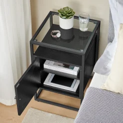 ACAZA Nachtkastje - Nachtkastjes Industrieel - Hout En Gehard Glas - Zwart - Nachtkastje Modern