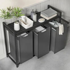 ACAZA - Wasmand met 3 Vakken en Legplank - Wasmand - uittrekbare Oxford Stof - Zwart/Grijs