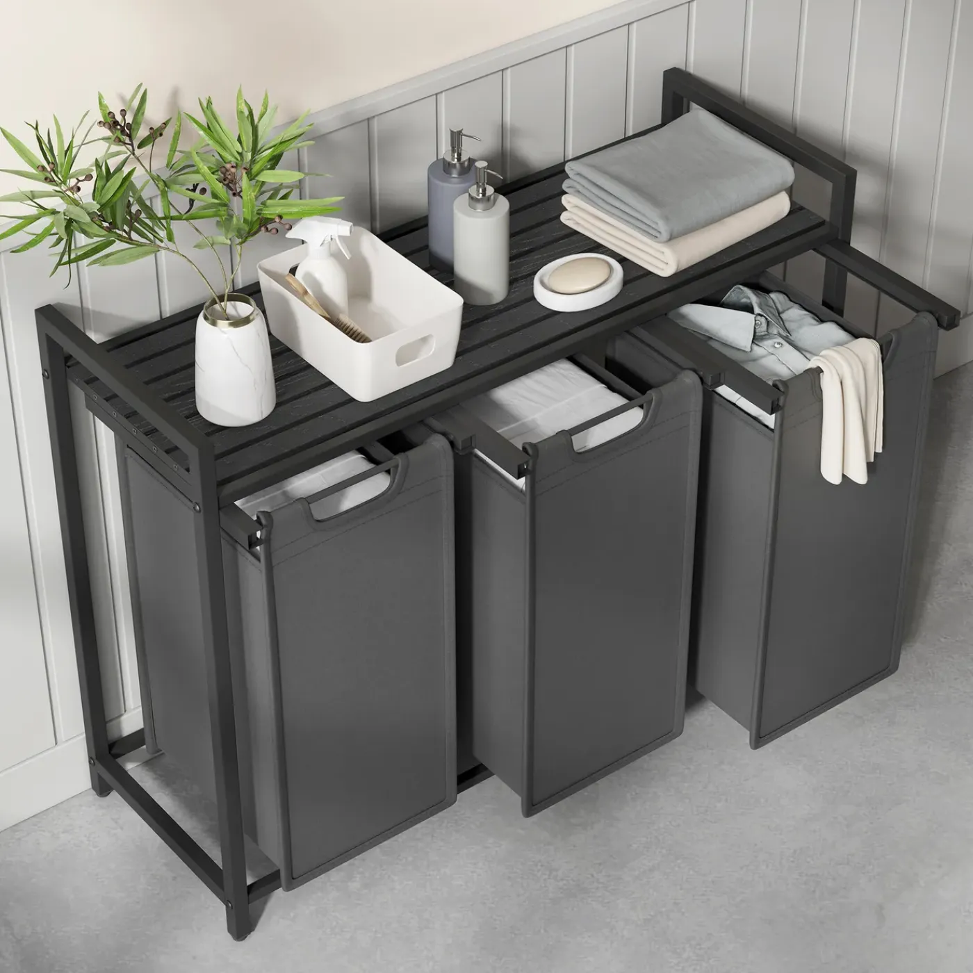 ACAZA - Wasmand met 3 Vakken en Legplank - Wasmand - uittrekbare Oxford Stof - Zwart/Grijs