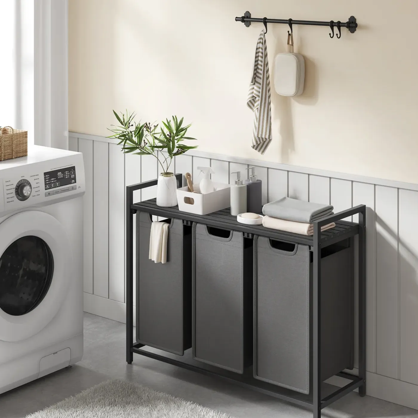 ACAZA - Wasmand met 3 Vakken en Legplank - Wasmand - uittrekbare Oxford Stof - Zwart/Grijs