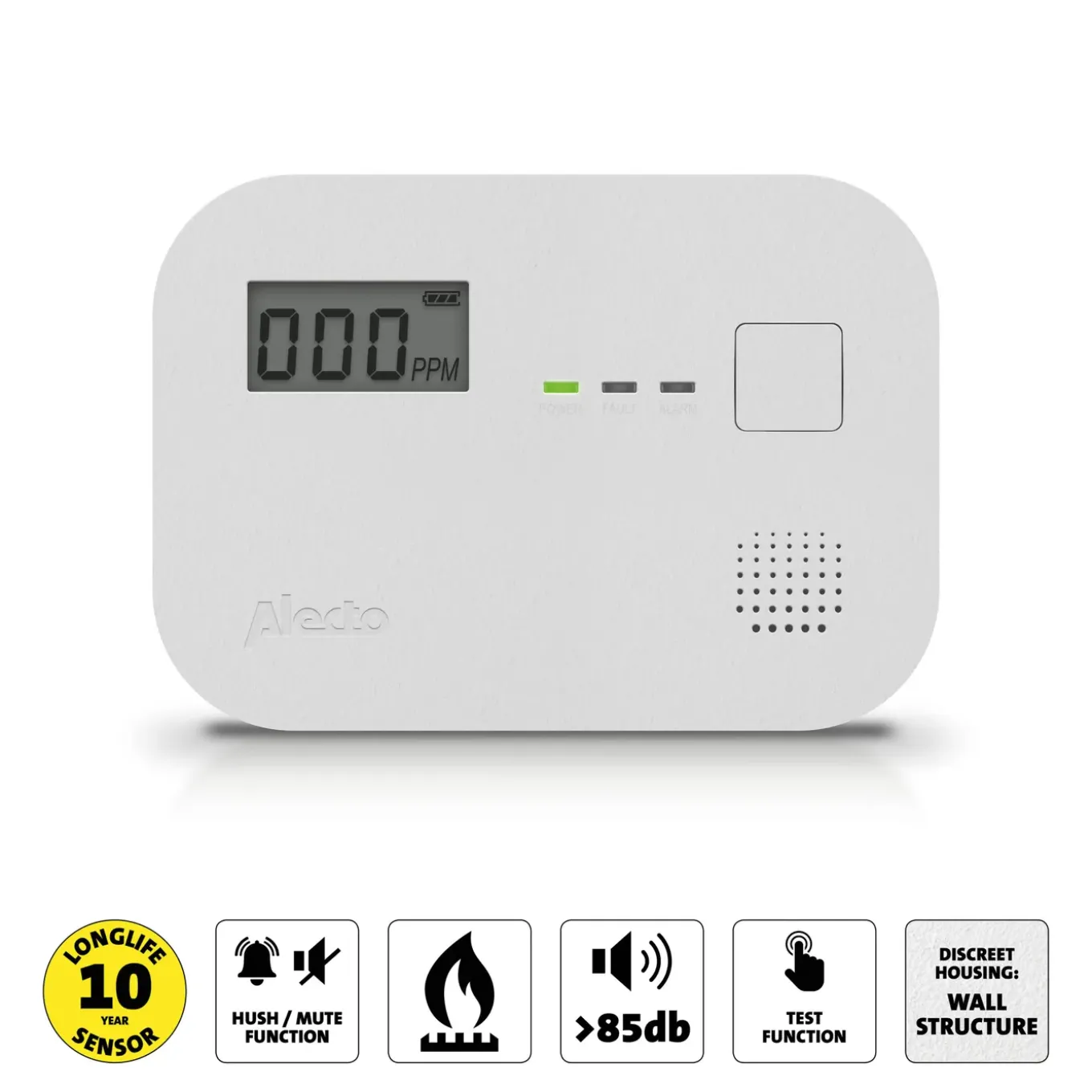 Alecto koolmonoxidemelder COA3920 10 jaar sensor met display wit
