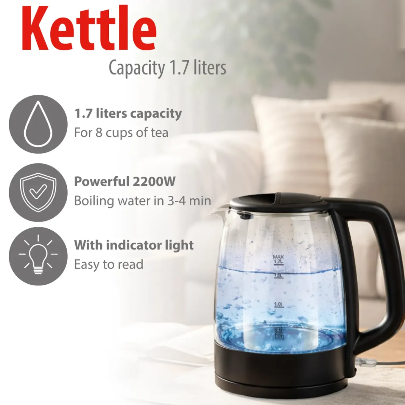 Alpina Waterkoker 1 -7 Liter - Waterkoker Glas 1850-2200w