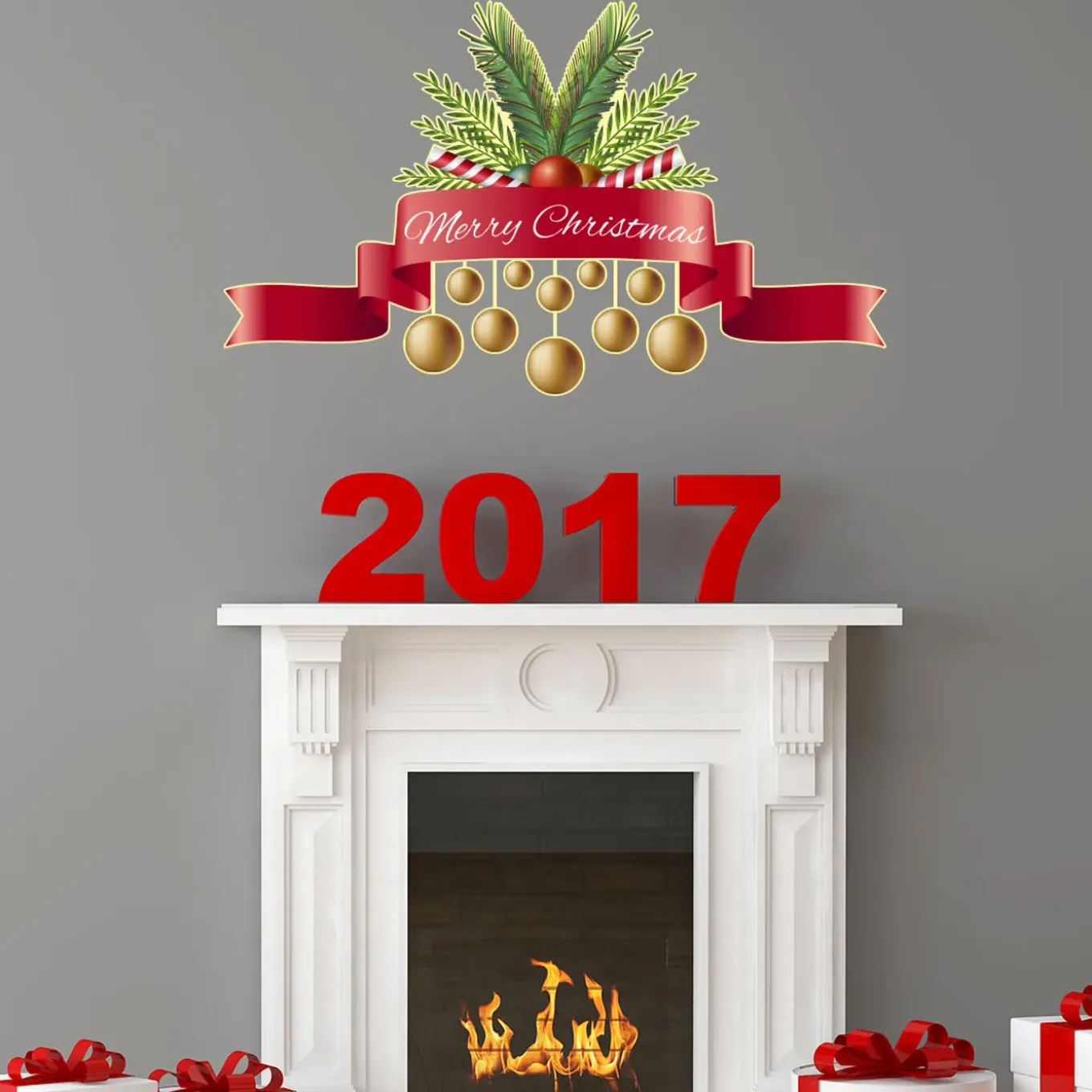 Ambiance Sticker - Muursticker - Kerststicker Lint En Tekst Fijne Kerst - Kerstlintsticke - 90x150cm