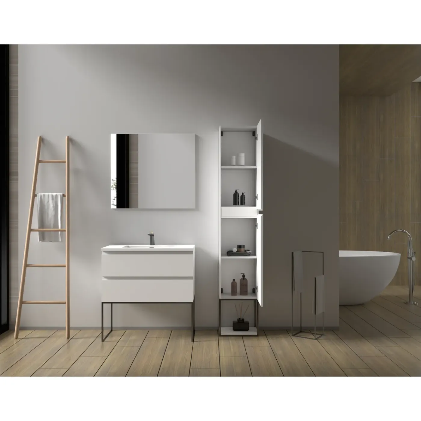 Aquazuro Hoge Badkamerkast Napoli 40cm - Hoogglans Wit - Met 2 Deuren - 40x176x30cm