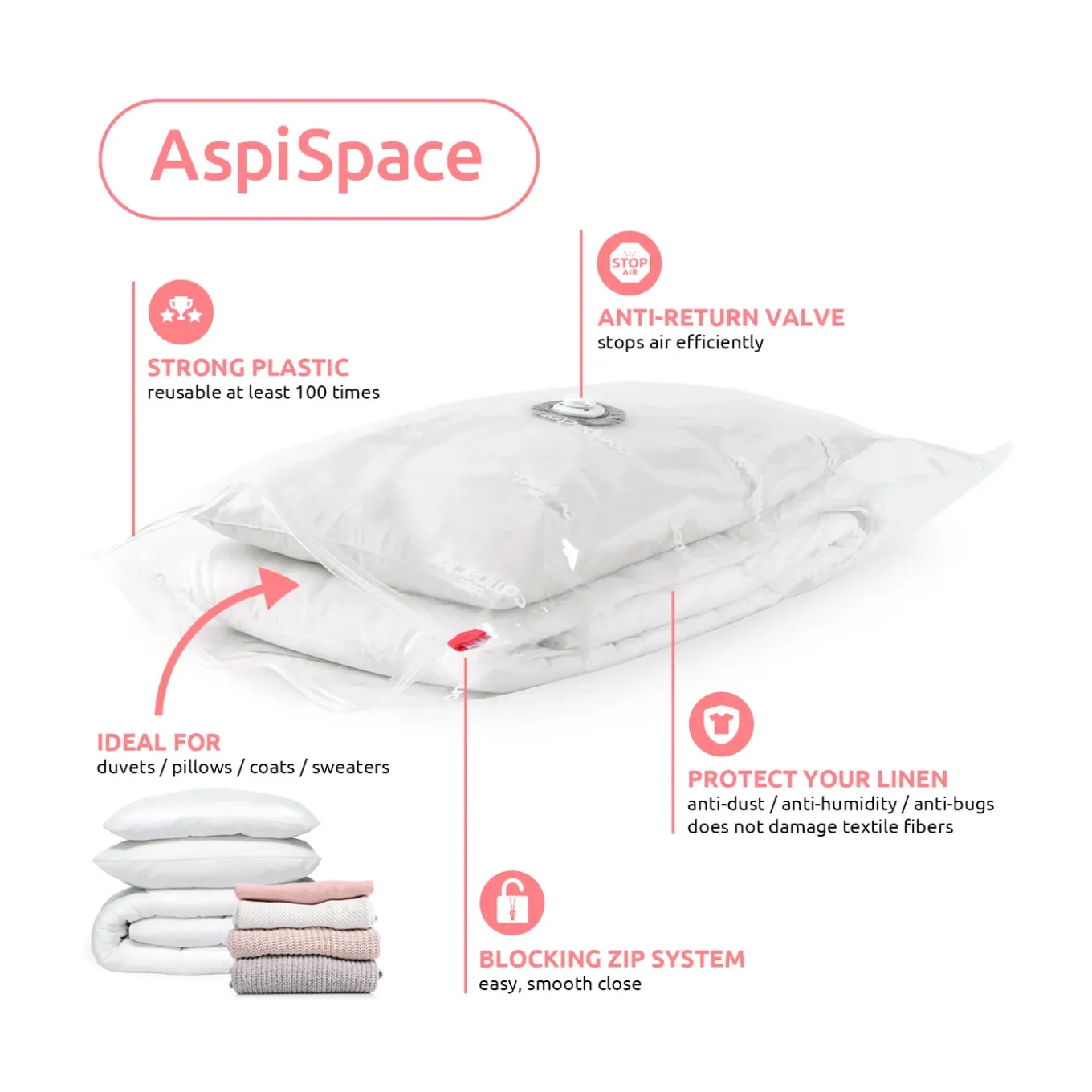Aspispace vacuümzak XL 80x120cm met rits