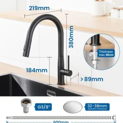 AURALUM PRO Keukenkraan Zwart Inox Uittrekbare Douche