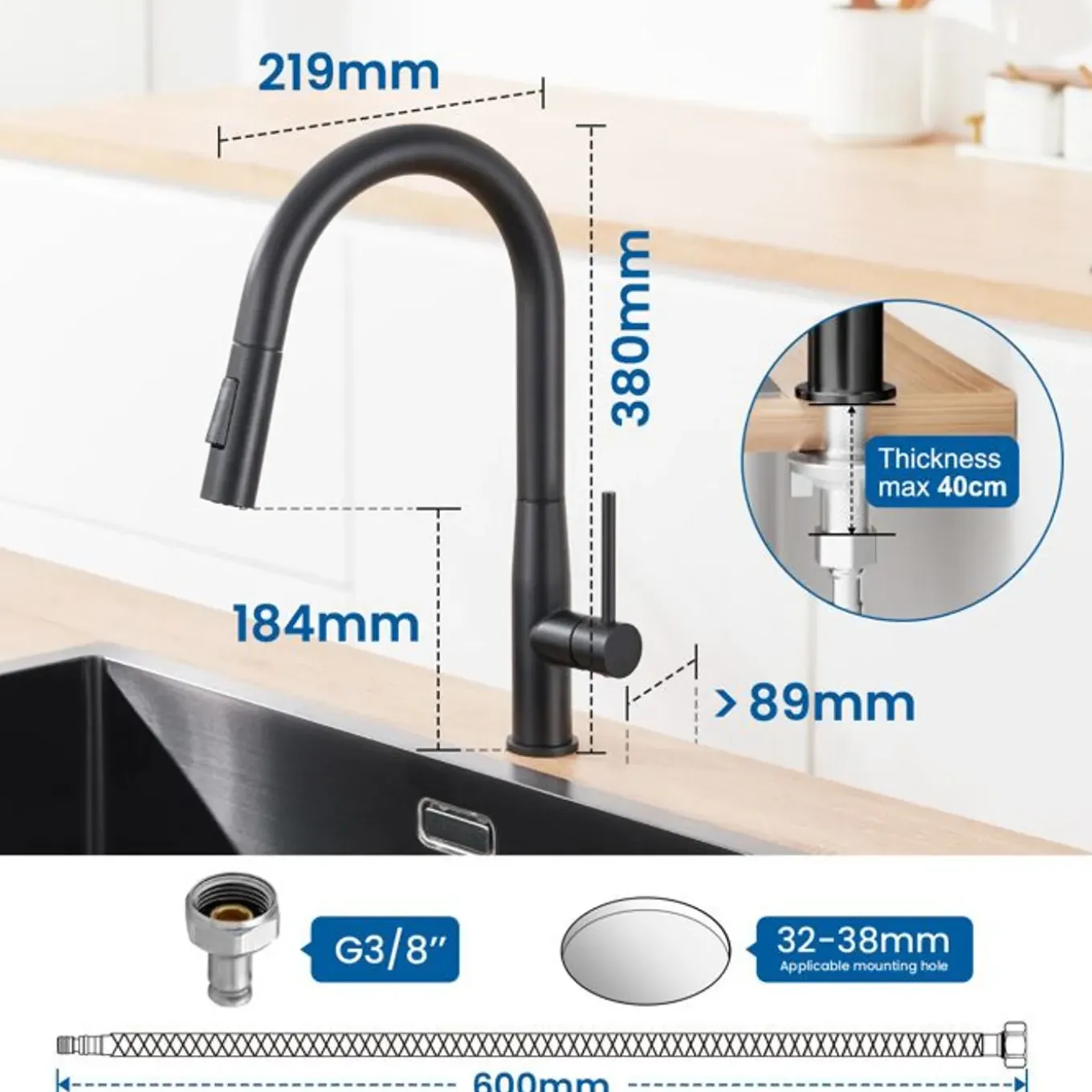 AURALUM PRO Keukenkraan Zwart Inox Uittrekbare Douche