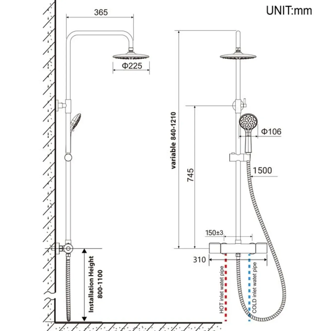 AURALUM PRO Thermostatische Douchestang 38°C Zwart - Verstelbaar 84-121 cm