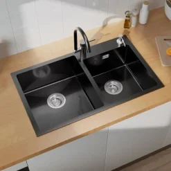 AURALUM Spoelbak 2 Baks 75x45x19cm Zwart Roestvrij Staal 304 met Verdeler en Afvoerset