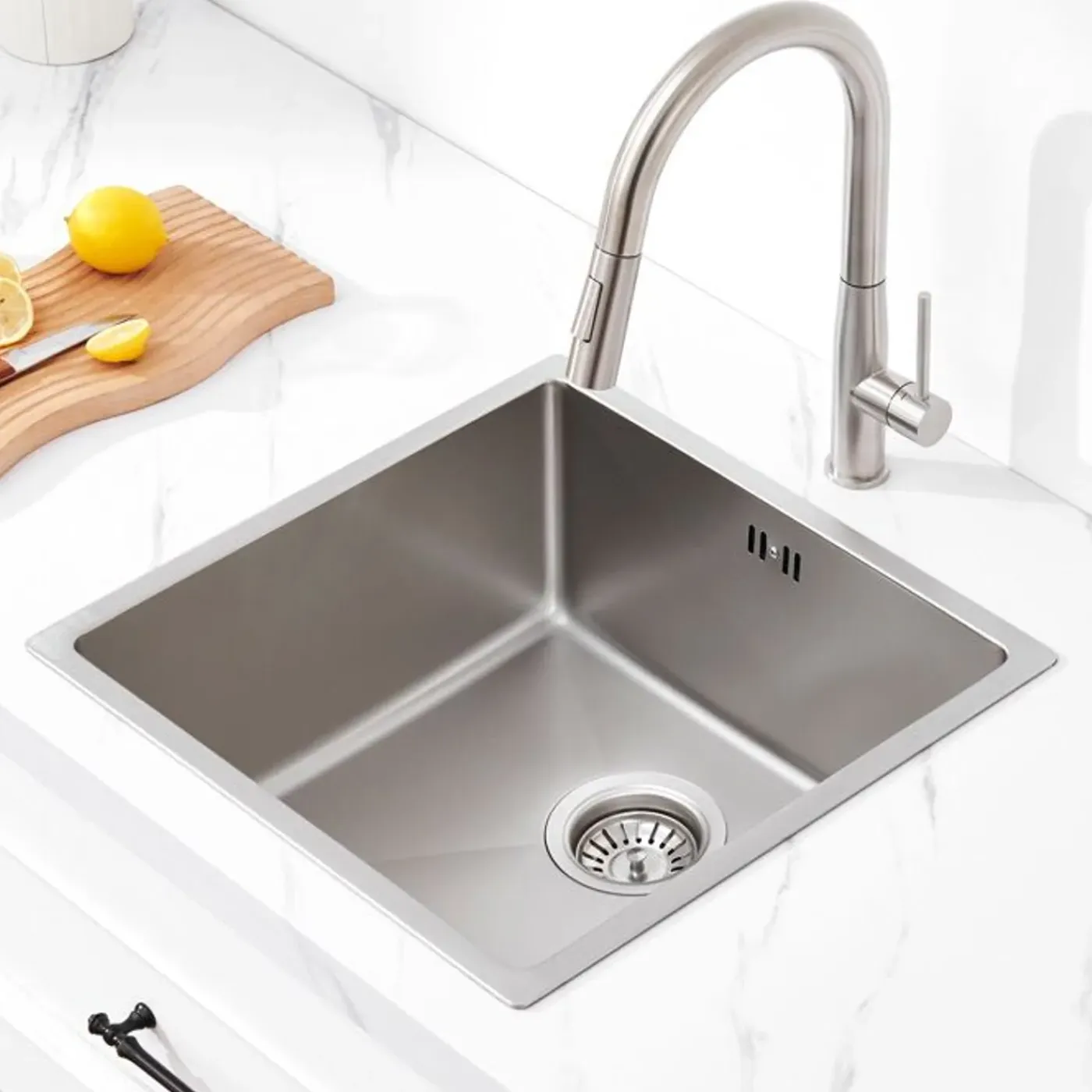 Auralum Spoelbak 1 Bak 44x44x20cm Roestvrij Staal Inbouw met Overloop en Afvoer