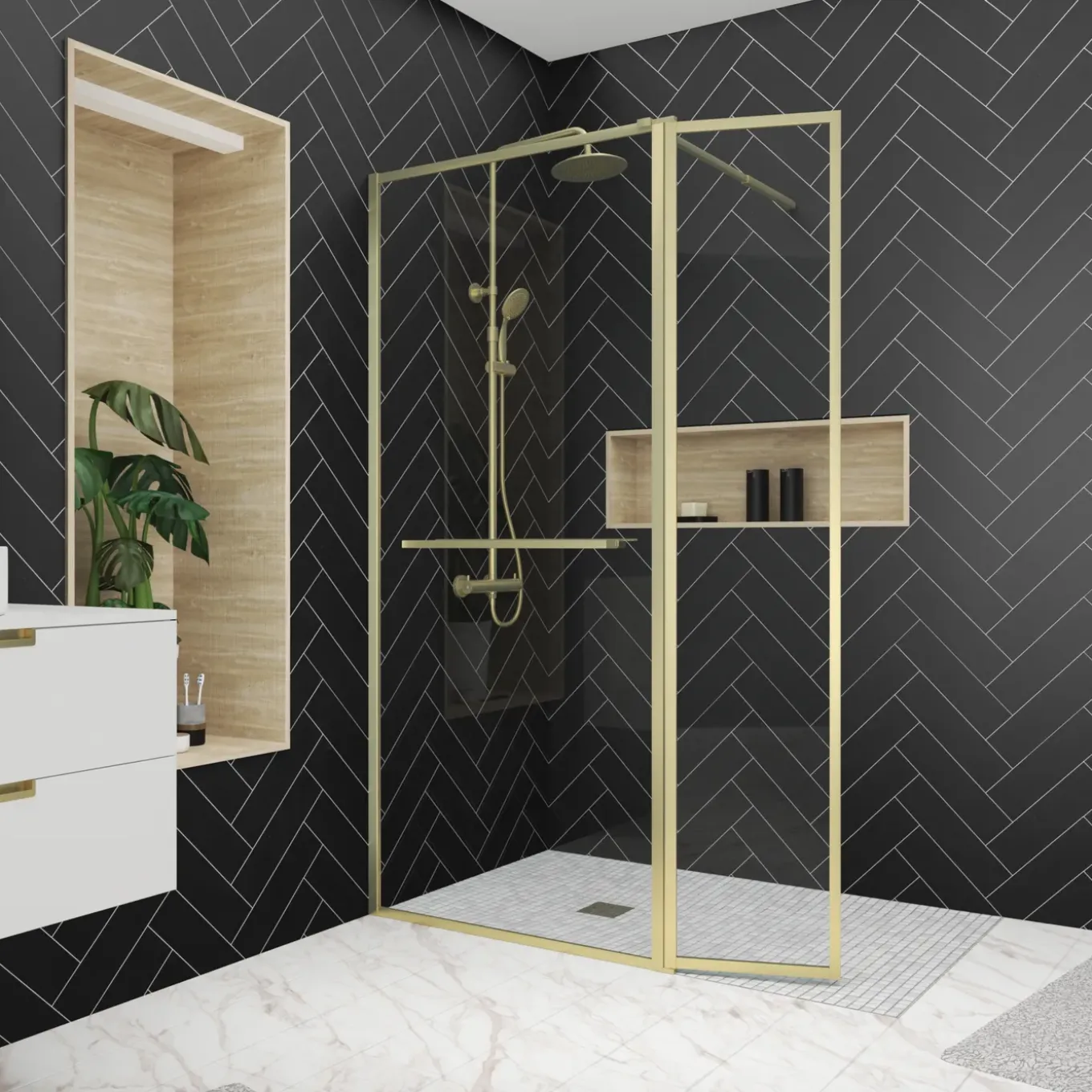 Aurlane Inloopdouche Edge 130x200cm - Goud Profiel - 6 mm Helder Glas