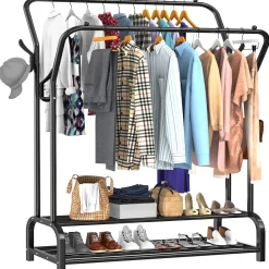 Avalo Industrieel Kledingrek Dubbele Stang - Metaal - 110x33x150 Cm - Zwart - Garderoberek