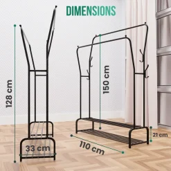 Avalo Industrieel Kledingrek Dubbele Stang - Metaal - 110x33x150 Cm - Zwart - Garderoberek