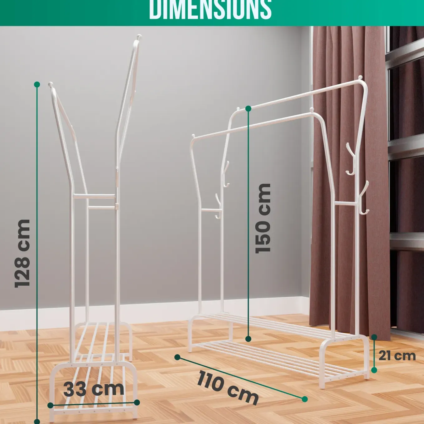 Avalo Industrieel Kledingrek Dubbele Stang - Metaal - 110x33x150 Cm - Wit - Garderoberek