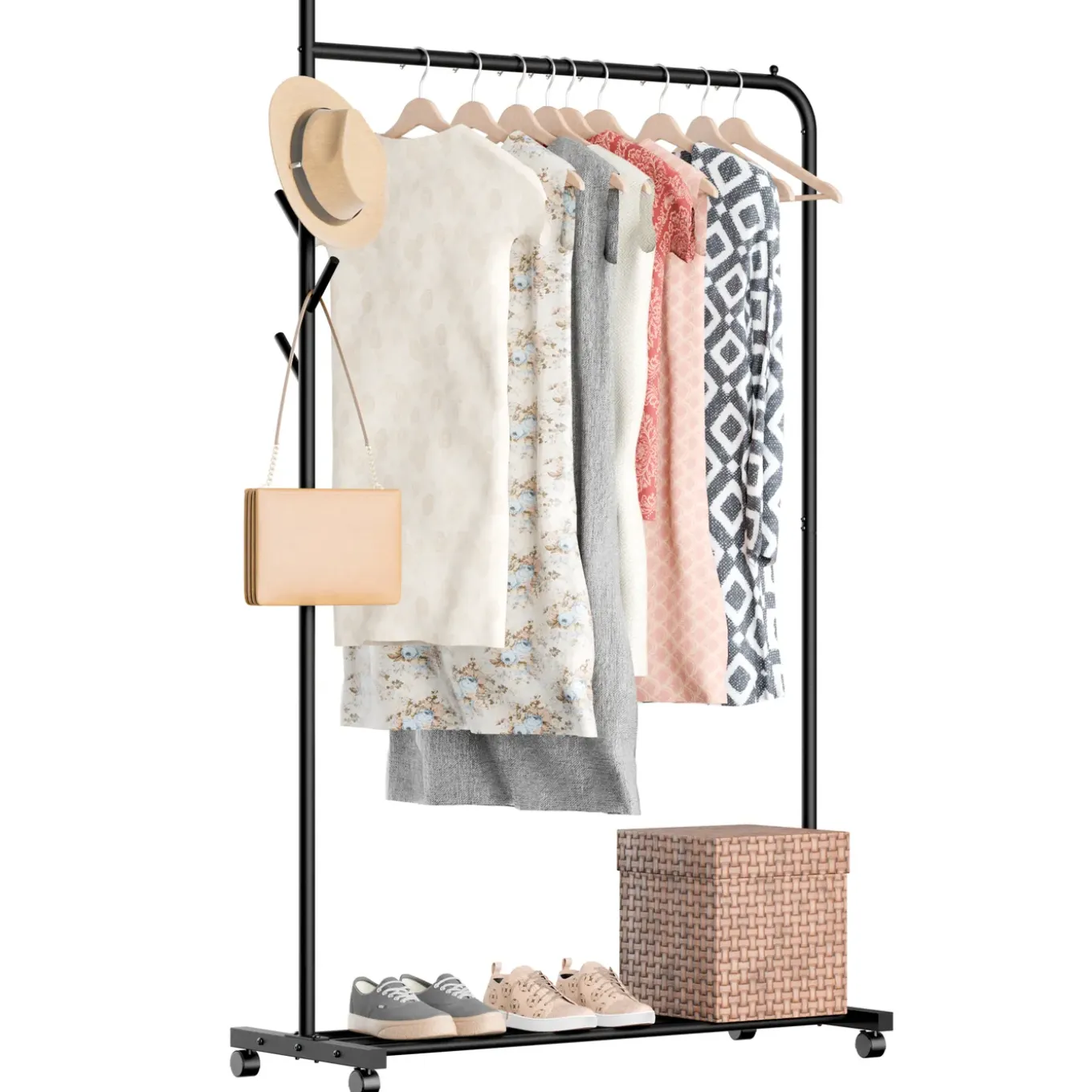 Avalo Kledingrek Op Wieltjes Zwart - Metaal - 100x40x156 Cm - Opbergruimte Voor Schoenen
