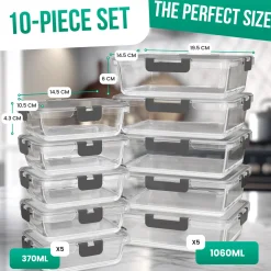 Avalo Vershoudbakjes Glas - Meal Prep Bakjes - Diepvriesbakjes - Met Deksel - 10 Delig 1060ml/370ml