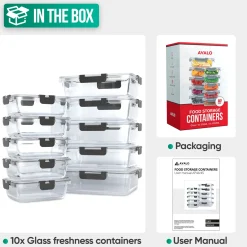 Avalo Vershoudbakjes Glas - Meal Prep Bakjes - Diepvriesbakjes - Met Deksel - 10 Delig 1060ml/370ml