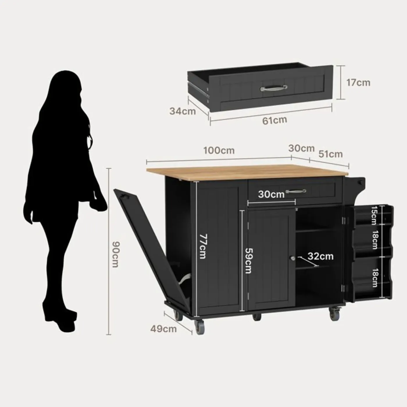 BEALIFE - Keukentrolley Met Vergrendelbare Wielen - Zwartbruin - 100 X 81 X 90 Cm