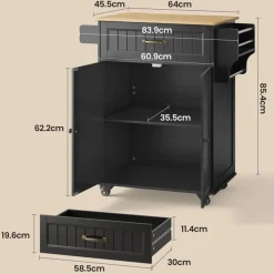 Bealife - Keukenwagen Met Remwielen - 1 Lade - 2 Deuren - Zwart - Hout - 83,9 X 45,5 X 85,4 Cm