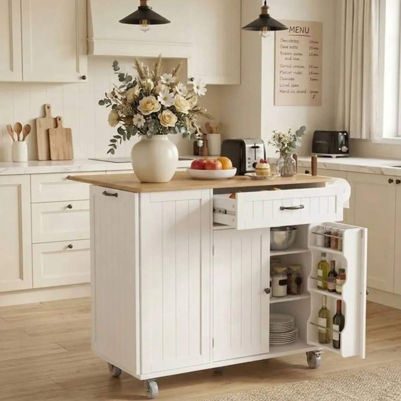 Bealife - Uitschuifbare Keukentrolley Op Wieltjes Van Mdf In Wit En Bruin - 1 Stuk - 130x75x 88 Cm