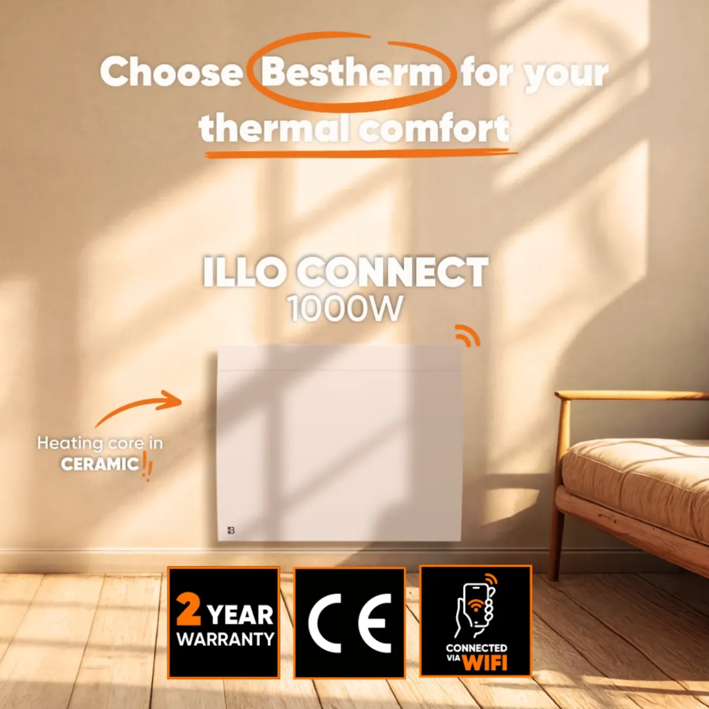 BESTHERM - Radiator - Keramische Inertieradiator - Wifi - Wandmontage - 1000w - Wit - Illo Connect