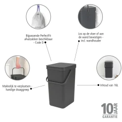 Brabantia Afvalbak Sort & Go - Kunststof - Donkergrijs - 22x26.9x40.1cm - 16L