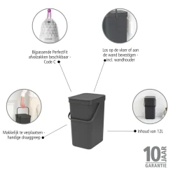 Brabantia Afvalbak Sort & Go - Kunststof - Donkergrijs - 20x24.9x35.1cm - 12L