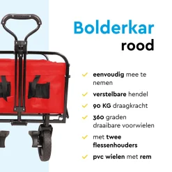 Brasq Bolderkar Opvouwbaar Rood - 100l - 80kg Draagkracht - Draaibare Wielen Mét Rem - 90x51x100cm