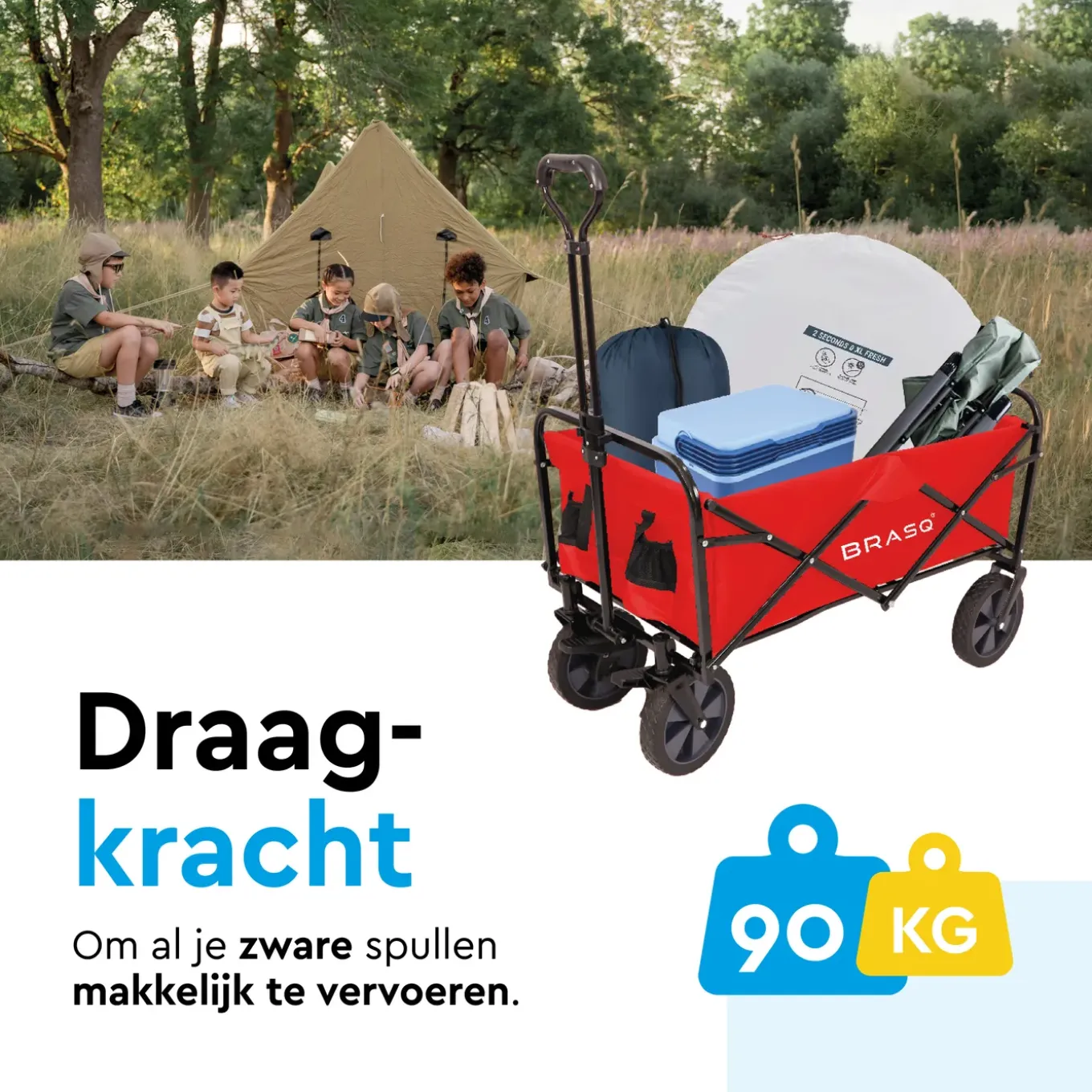 Brasq Bolderkar Opvouwbaar Rood - 100l - 80kg Draagkracht - Draaibare Wielen Mét Rem - 90x51x100cm