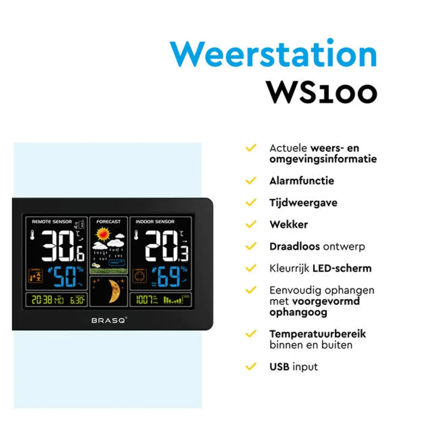 BRASQ Draadloos Weerstation Binnen & Buiten – Buitensensor – Weervoorspelling – Hygro & Barometer