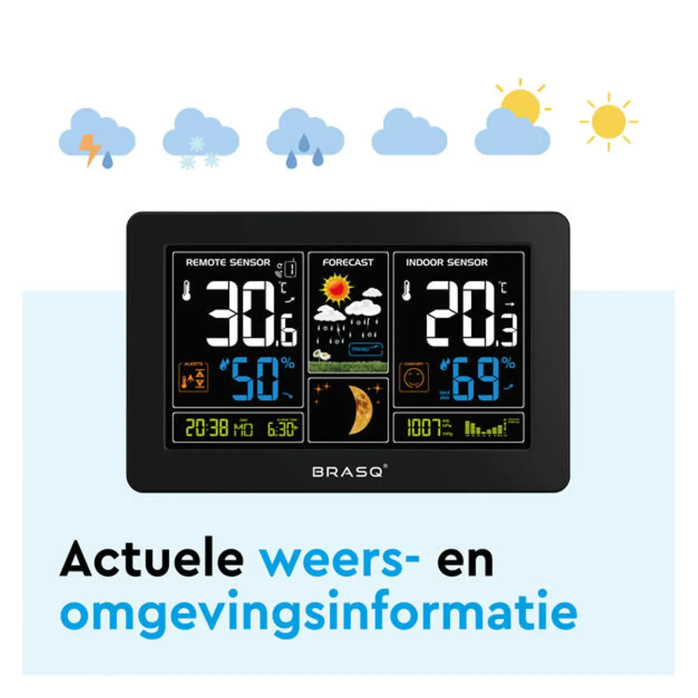 BRASQ Draadloos Weerstation Binnen & Buiten – Buitensensor – Weervoorspelling – Hygro & Barometer