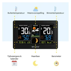 BRASQ Draadloos Weerstation Binnen & Buiten – Buitensensor – Weervoorspelling – Hygro & Barometer