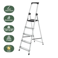 BRASQ Huishoudtrap 5 Treden – Keukentrap Inklapbaar Aluminium – Antislip - Ladder - Trap Zilver