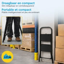 Brasq Huishoudtrap 2 Treden – Keukentrap Inklapbaar Metaal – Antislip Stabiel - Ladder - Trap Zwart
