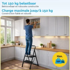 Brasq Huishoudtrap 2 Treden – Keukentrap Inklapbaar Metaal – Antislip Stabiel - Ladder - Trap Zwart