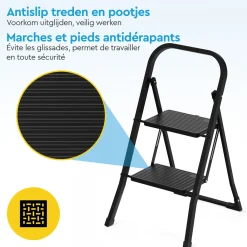 Brasq Huishoudtrap 2 Treden – Keukentrap Inklapbaar Metaal – Antislip Stabiel - Ladder - Trap Zwart