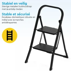Brasq Huishoudtrap 2 Treden – Keukentrap Inklapbaar Metaal – Antislip Stabiel - Ladder - Trap Zwart