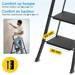 Brasq Huishoudtrap 2 Treden – Keukentrap Inklapbaar Metaal – Antislip Stabiel - Ladder - Trap Zwart