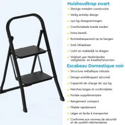 Brasq Huishoudtrap 2 Treden – Keukentrap Inklapbaar Metaal – Antislip Stabiel - Ladder - Trap Zwart
