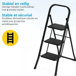 BRASQ Huishoudtrap 3 Treden – Keukentrap Inklapbaar Metaal – Antislip Stabiel - Ladder - Trap Zwart