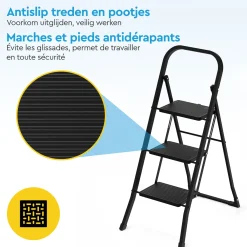 BRASQ Huishoudtrap 3 Treden – Keukentrap Inklapbaar Metaal – Antislip Stabiel - Ladder - Trap Zwart