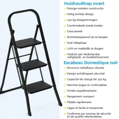 BRASQ Huishoudtrap 3 Treden – Keukentrap Inklapbaar Metaal – Antislip Stabiel - Ladder - Trap Zwart