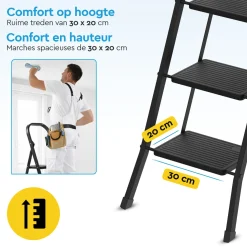BRASQ Huishoudtrap 3 Treden – Keukentrap Inklapbaar Metaal – Antislip Stabiel - Ladder - Trap Zwart