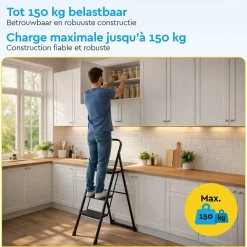 BRASQ Huishoudtrap 3 Treden – Keukentrap Inklapbaar Metaal – Antislip Stabiel - Ladder - Trap Zwart