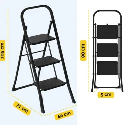 BRASQ Huishoudtrap 3 Treden – Keukentrap Inklapbaar Metaal – Antislip Stabiel - Ladder - Trap Zwart
