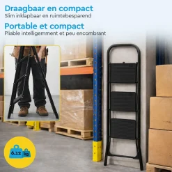 BRASQ Huishoudtrap 3 Treden – Keukentrap Inklapbaar Metaal – Antislip Stabiel - Ladder - Trap Zwart