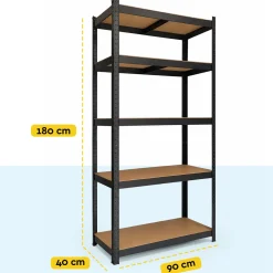 BRASQ Opbergrek Zwart 180x90x40cm - 5 Planken - 175kg Per Plank - Stellingkast - Max. 875