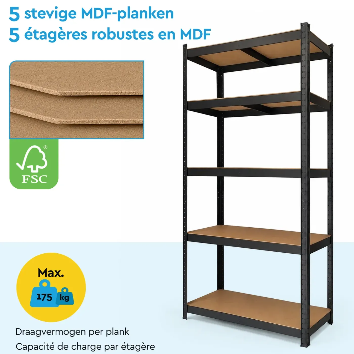 BRASQ Opbergrek Zwart 180x90x40cm - 5 Planken - 175kg Per Plank - Stellingkast - Max. 875