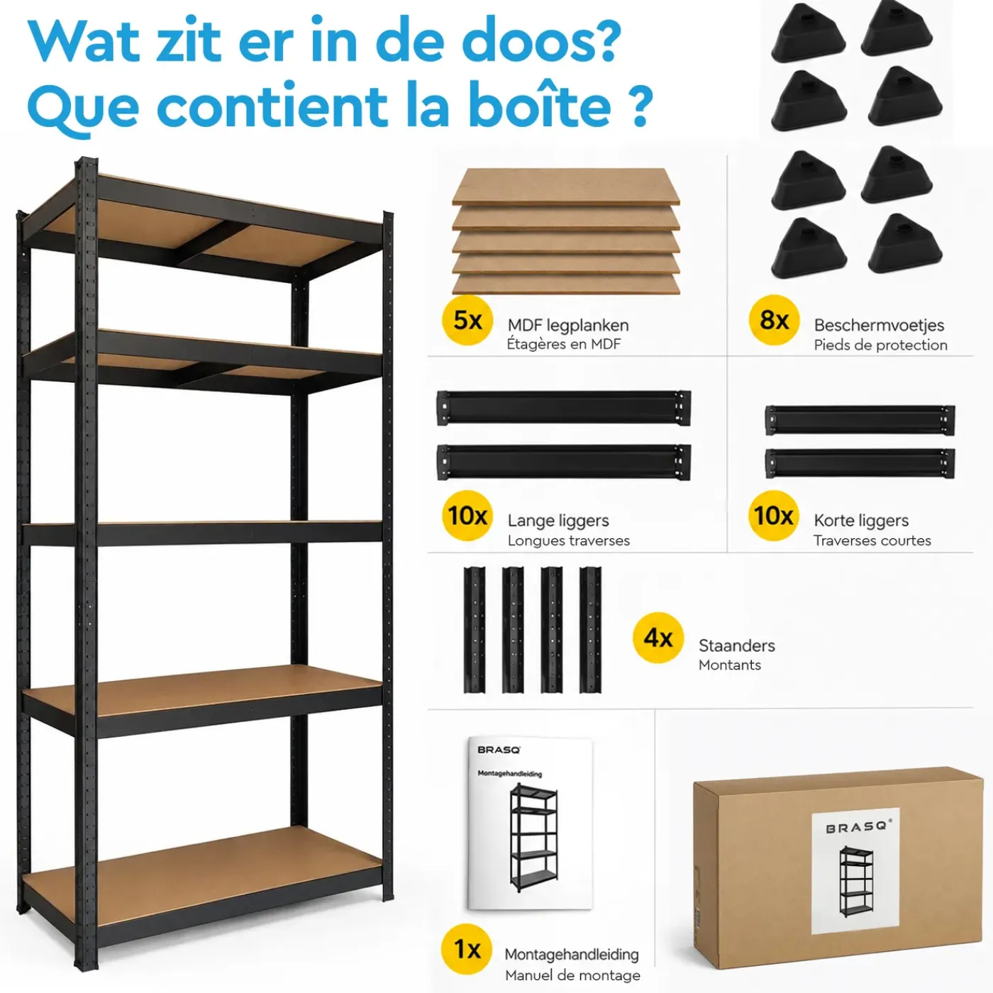 BRASQ Opbergrek Zwart 180x90x40cm - 5 Planken - 175kg Per Plank - Stellingkast - Max. 875