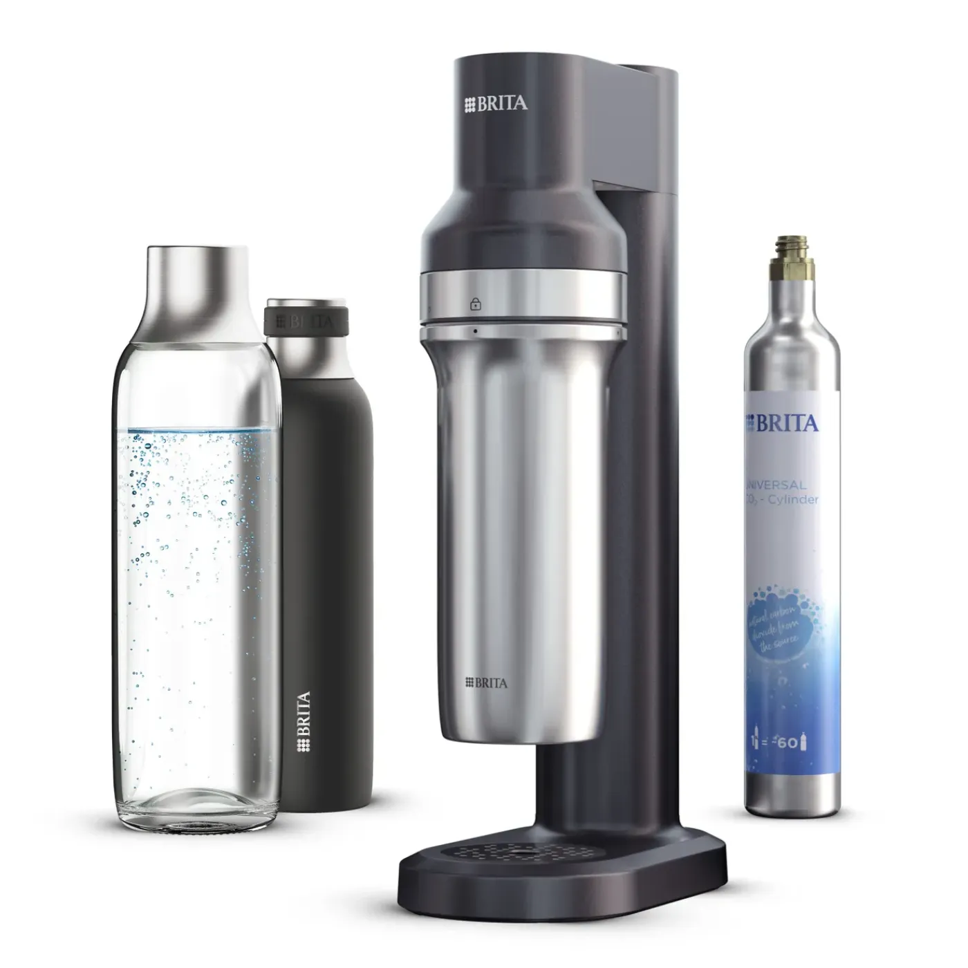 BRITA Sodatrio Zwart Incl. Glazen Fles (0.9l), Rvs Fles (0,5l) En Co2-cilinder